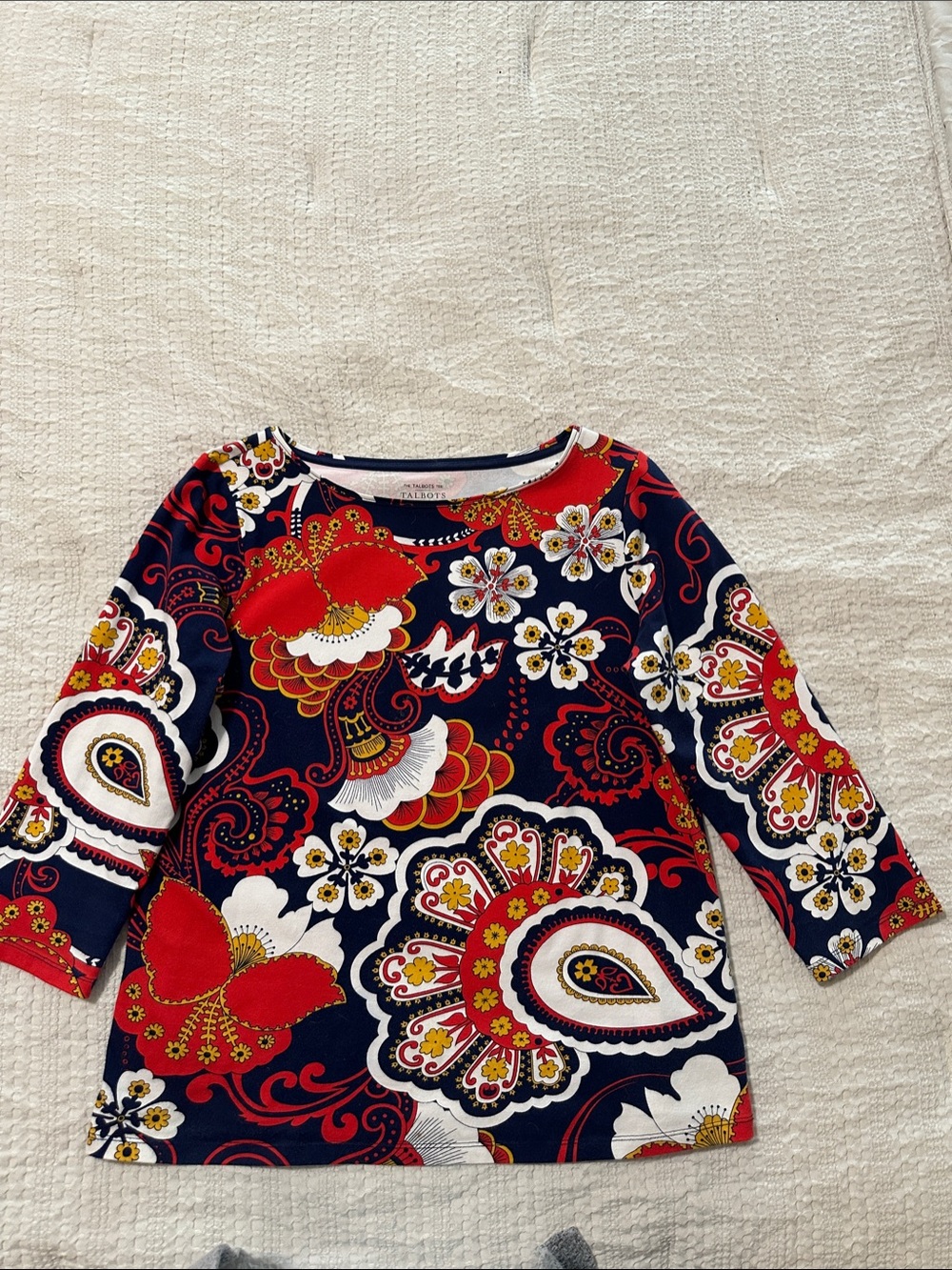 Talbots women Long-Sleeve Floral Paisley Top in Navy, Red & White